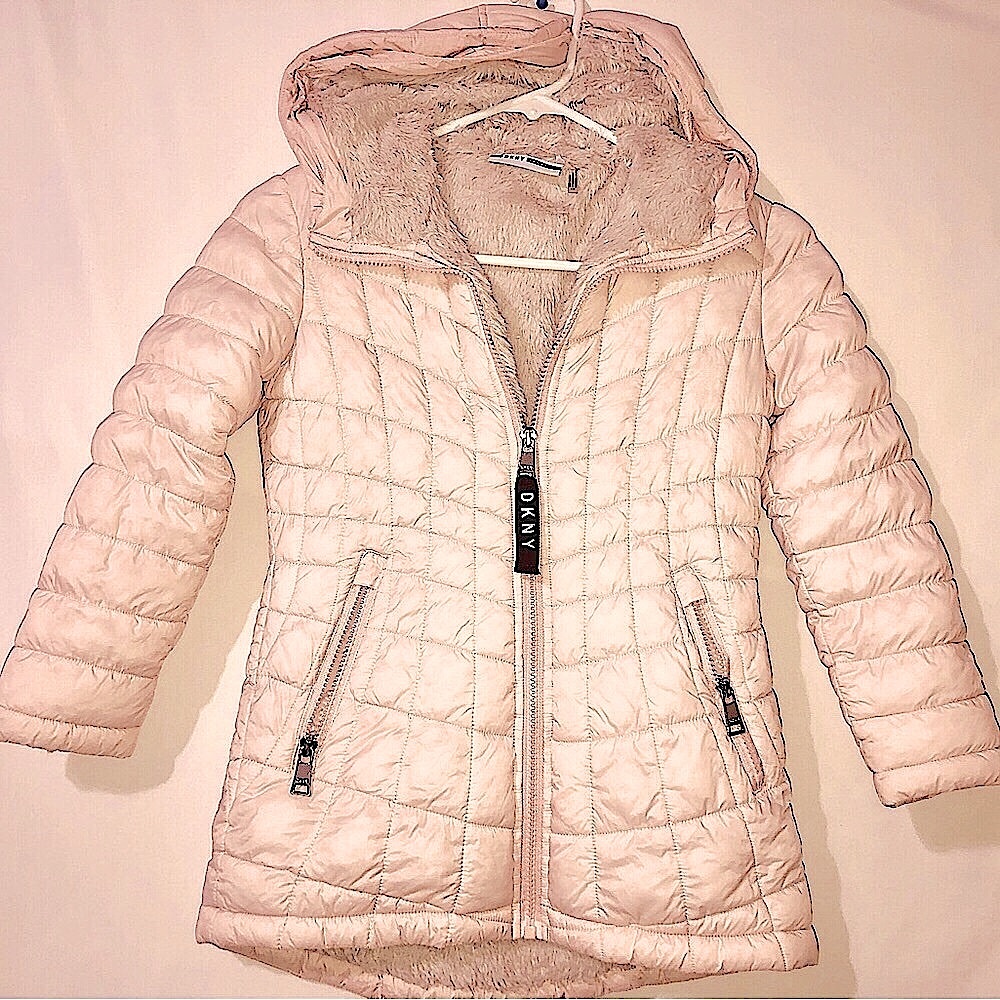DKNY Sports Kids pale Pink Quilted Jacket w grey faux fur lining Girls Size 6X
